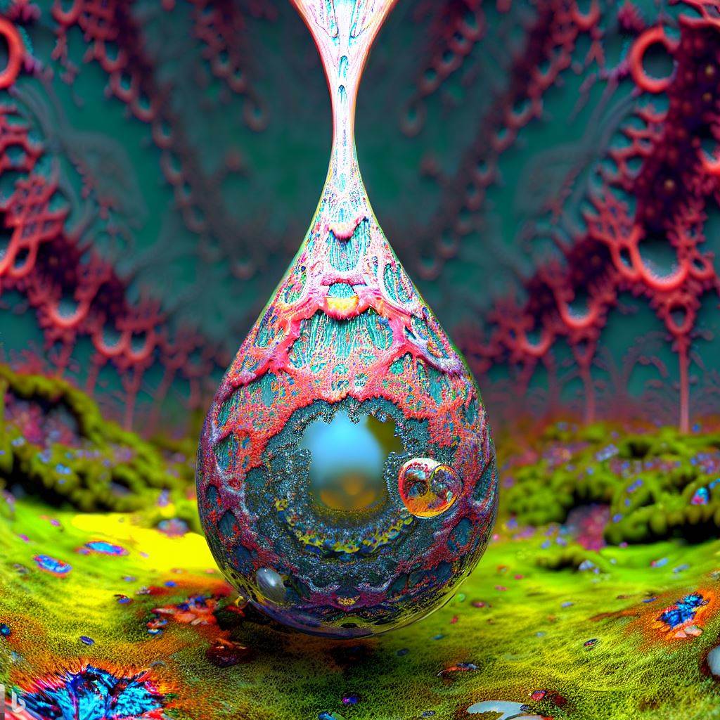 a 3d hyper-real raindrop falling toward a moss lichen rainforest floor contains a mysterious -radiant jubilant recursion fractal mirror-.jpg